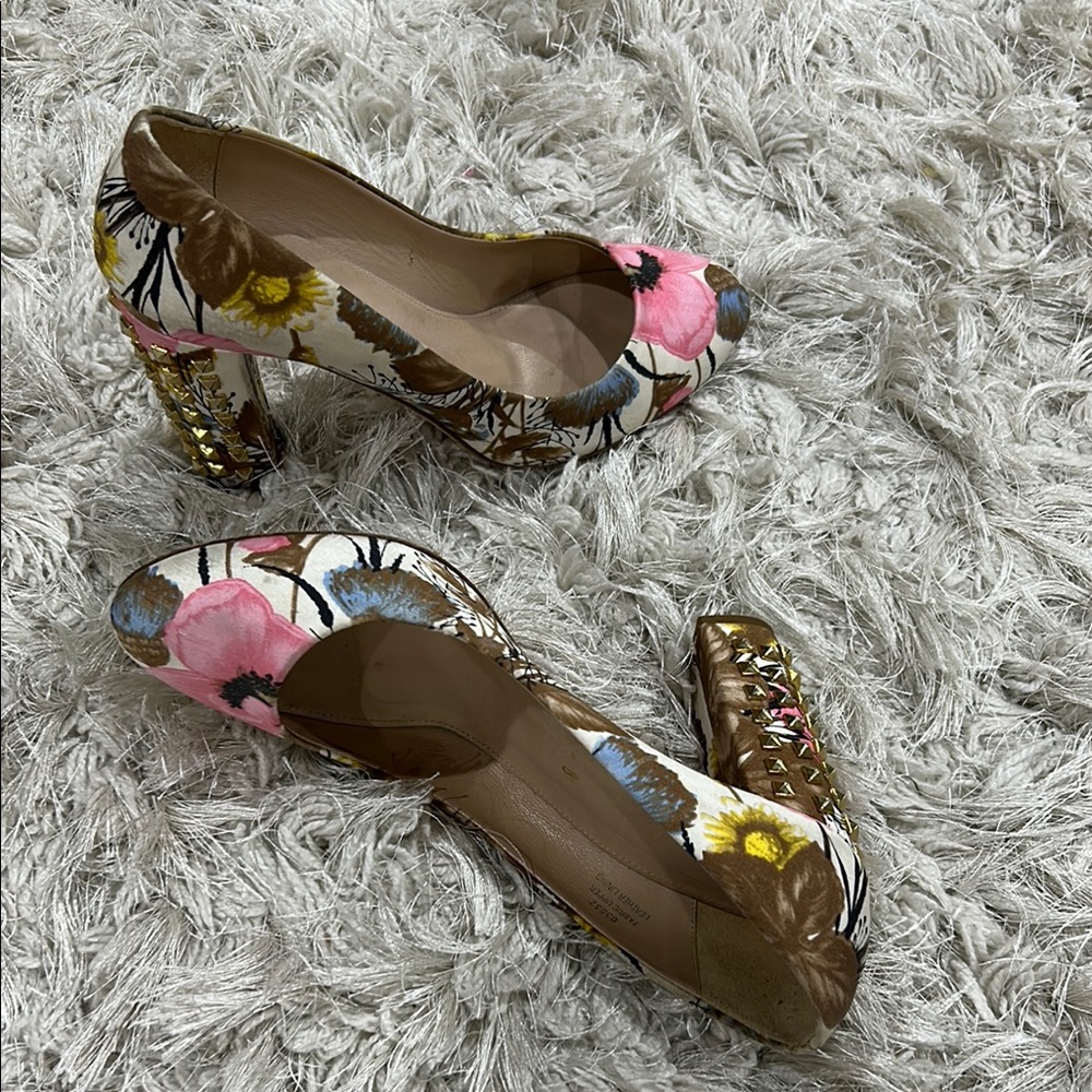 J.Crew Floral Block Heel with Bronze Metallic Embellishments